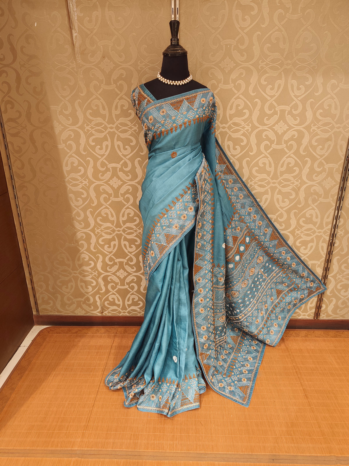 Light Blue Tussar Hand Embroidery Saree, With Unstitched Blouse