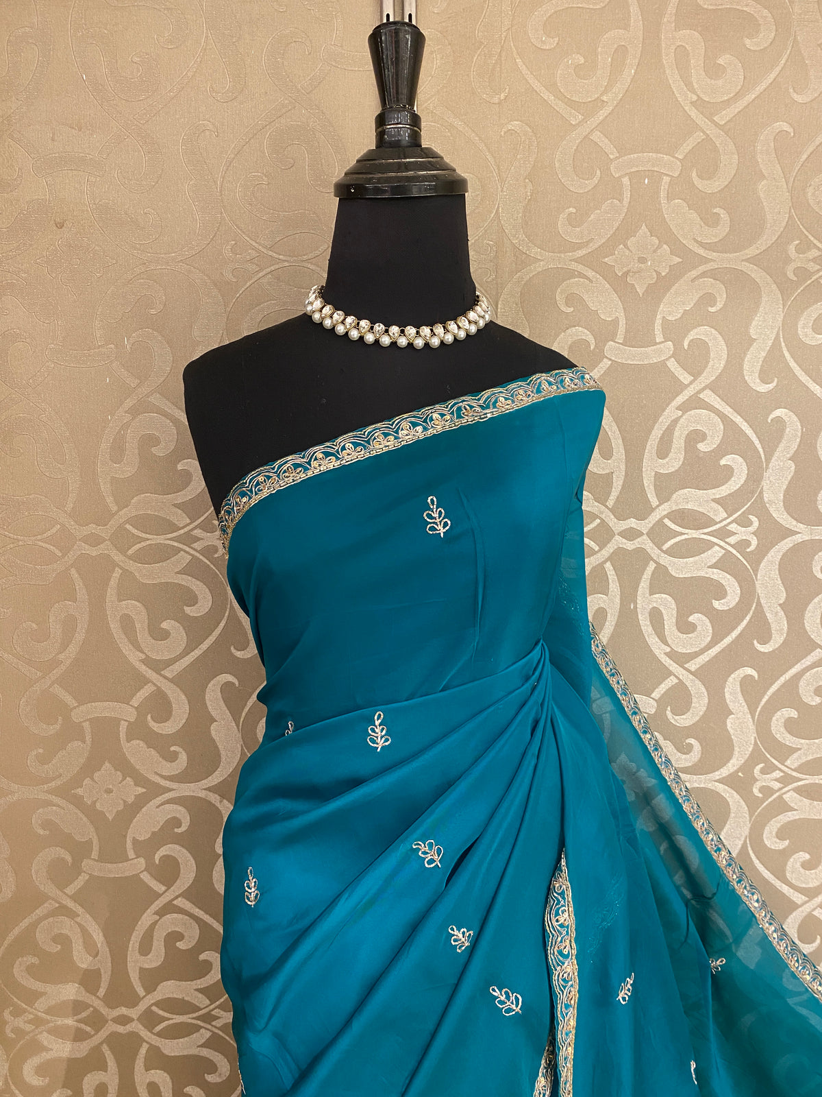 Teal Blue Organza Silk Embroidery Saree, With Readymade Blouse