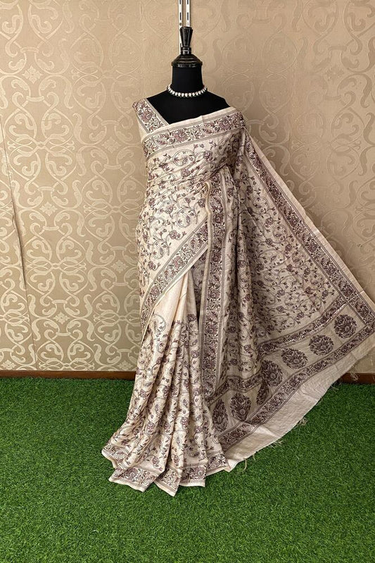 Beige Tussar Resham Embroidery Saree, With Unstiched Blouse