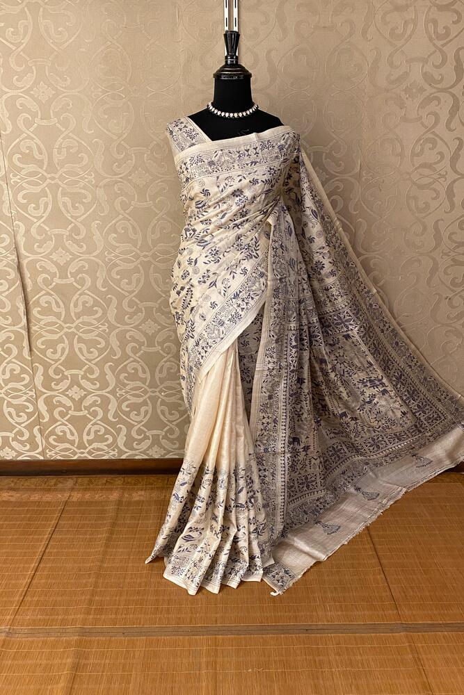 Off-White Tussar Embroidery Saree With Kantha Work Border, With Unstitched Blouse