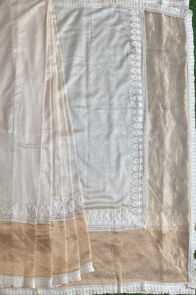 Off-White Beige Munga Khaddi Saree, With Unstiched Blouse