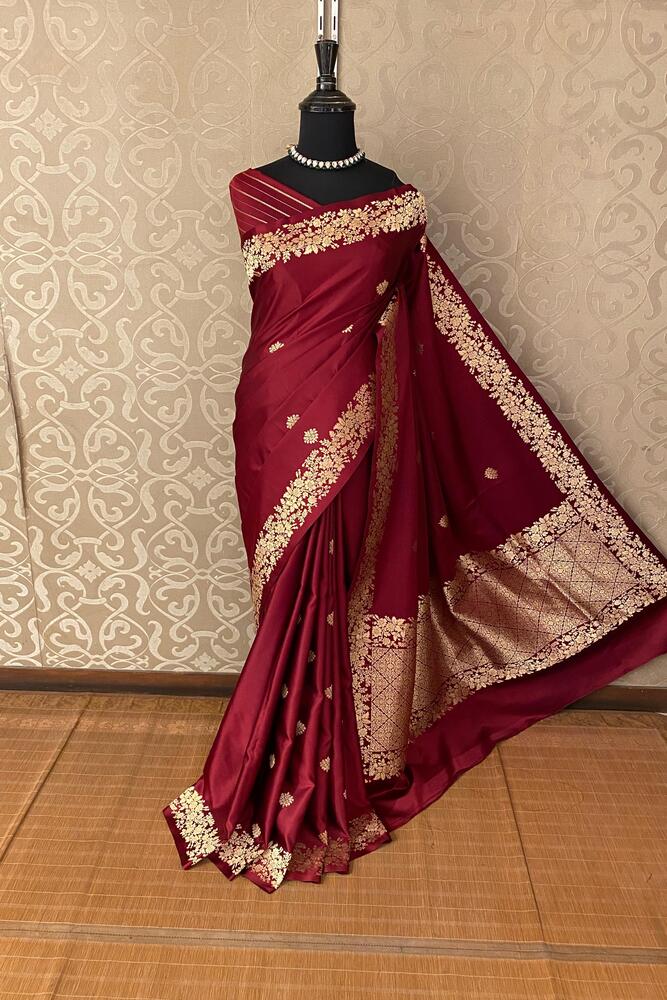 Wine Mashru Silk Banarasi Handloom Saree, With Unstiched Blouse