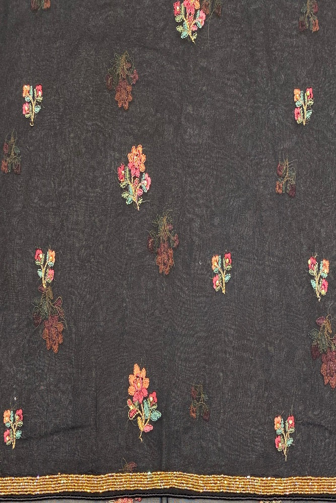Black Georgette Saree With Kashmiri Work, With Unstiched Blouse