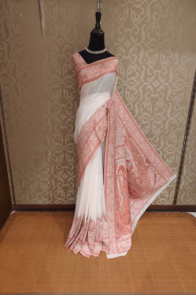Off-White Pure Kani Handloom Silk Saree With Floral Woven Blouse