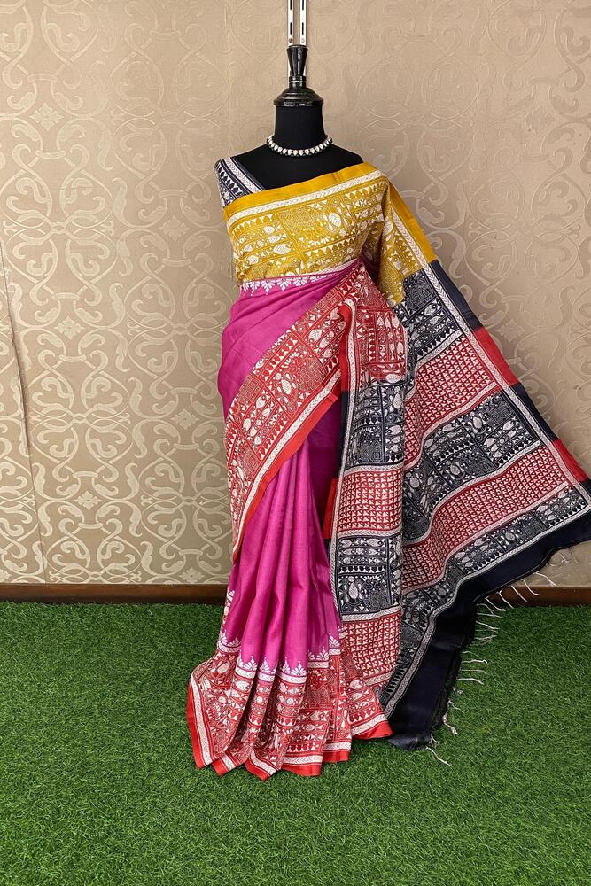 Rani Tussar Embroidery Saree With Kantha Work Border, With Unstitched Blouse