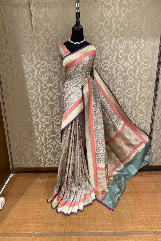 Greyish Blue & Multi Banarasi Silk Saree With Patola Concept, With Unstiched Blouse