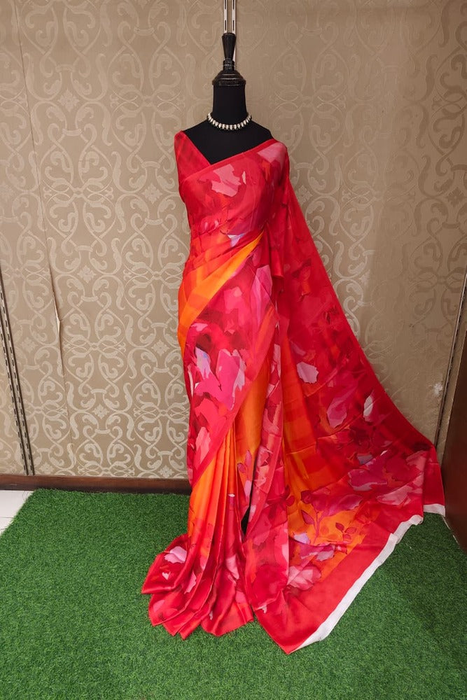 Red & Multi Floral Printed Satin Crepe Saree, With Unstiched Blouse