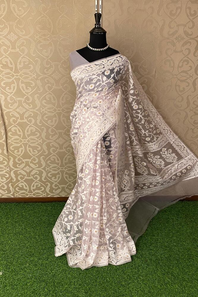 Lavender Muslin Jamdani Saree, With Unstiched Blouse