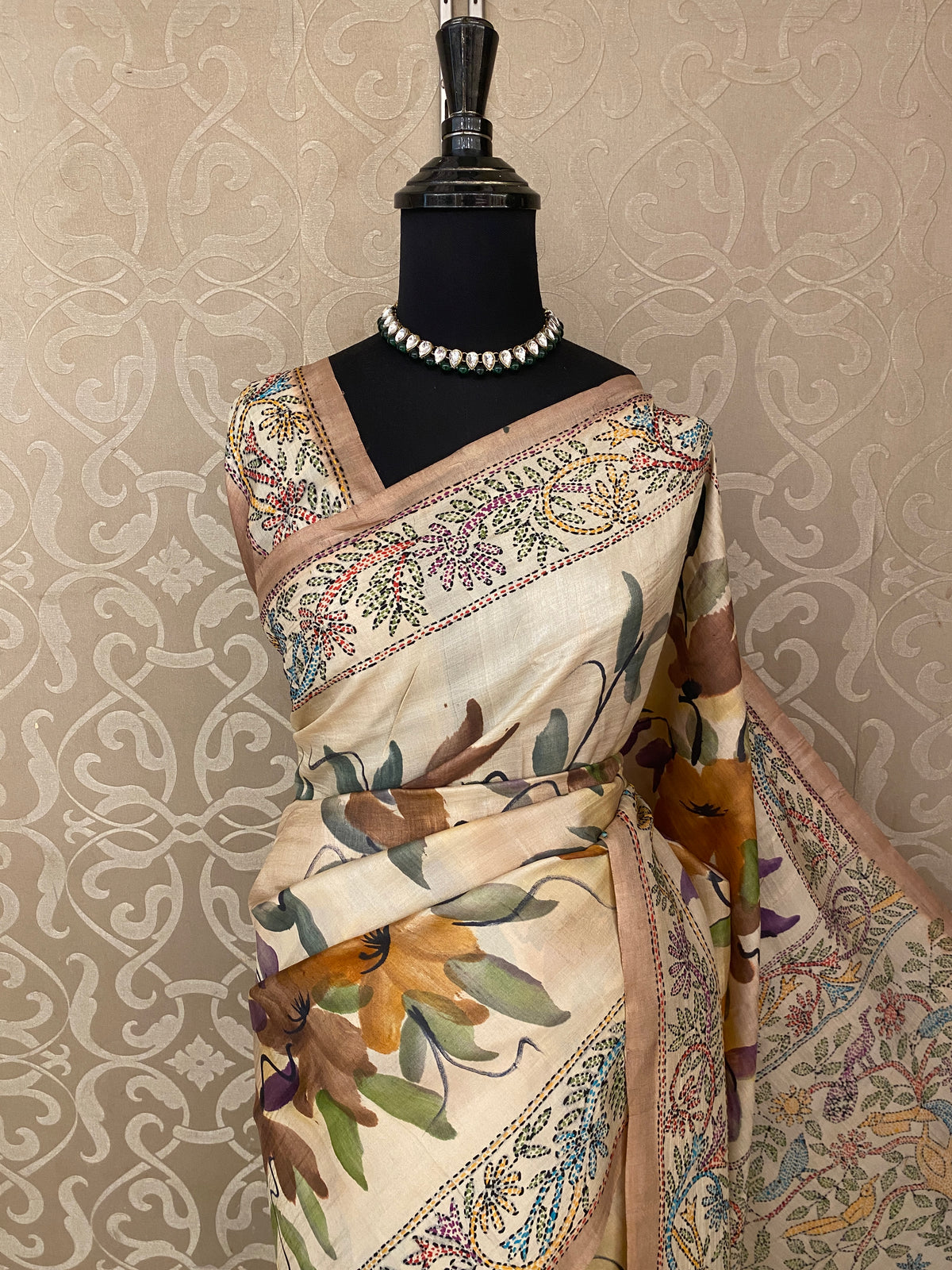 Off-White Tussar Hand Print Kantha Work Border Saree, With Unstitched Blouse