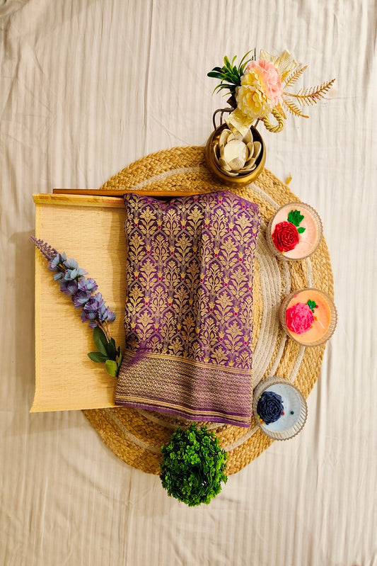 Purple Semi Minakari Brocade Silk Saree, With Unstiched Blouse