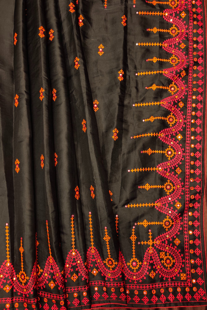 Black Semi Munga Silk Cross Stitch Work Saree, With Unstiched Blouse