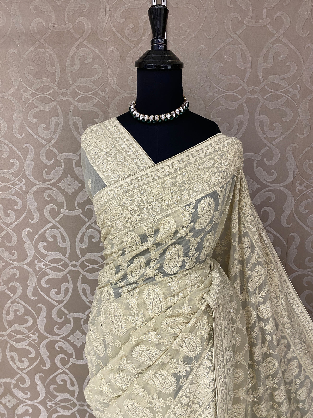 Off-White Yellow Georgette Chikankari Embroidery Saree, With Unstitched Blouse