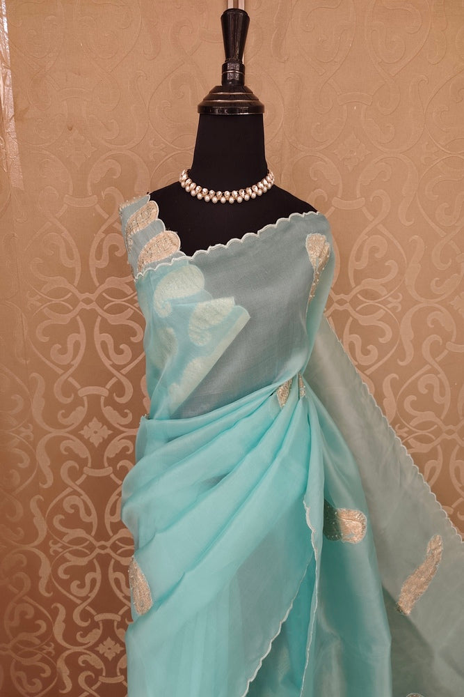 Sky Organza Saree With Appliqué Work, With Two Unstitched Blouse