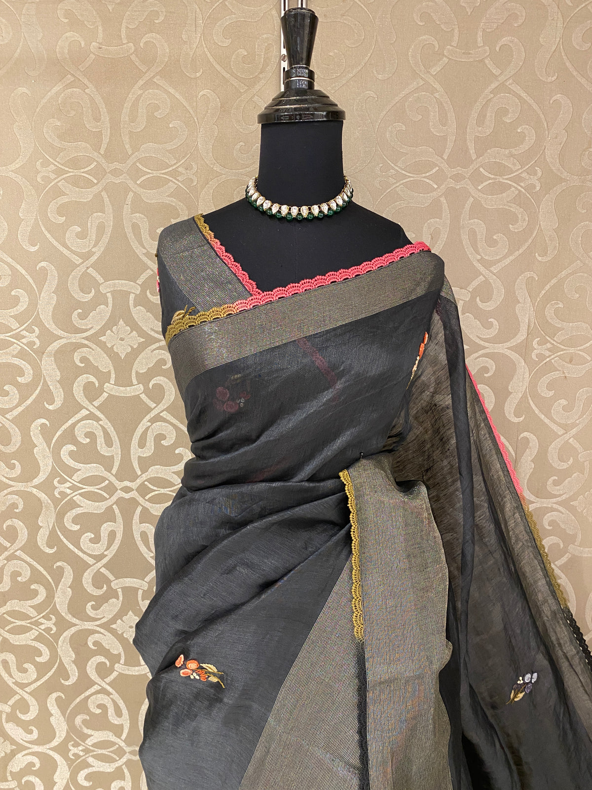 Black Linen Silk Saree Hand Embroidered Work, With Unstiched Blouse