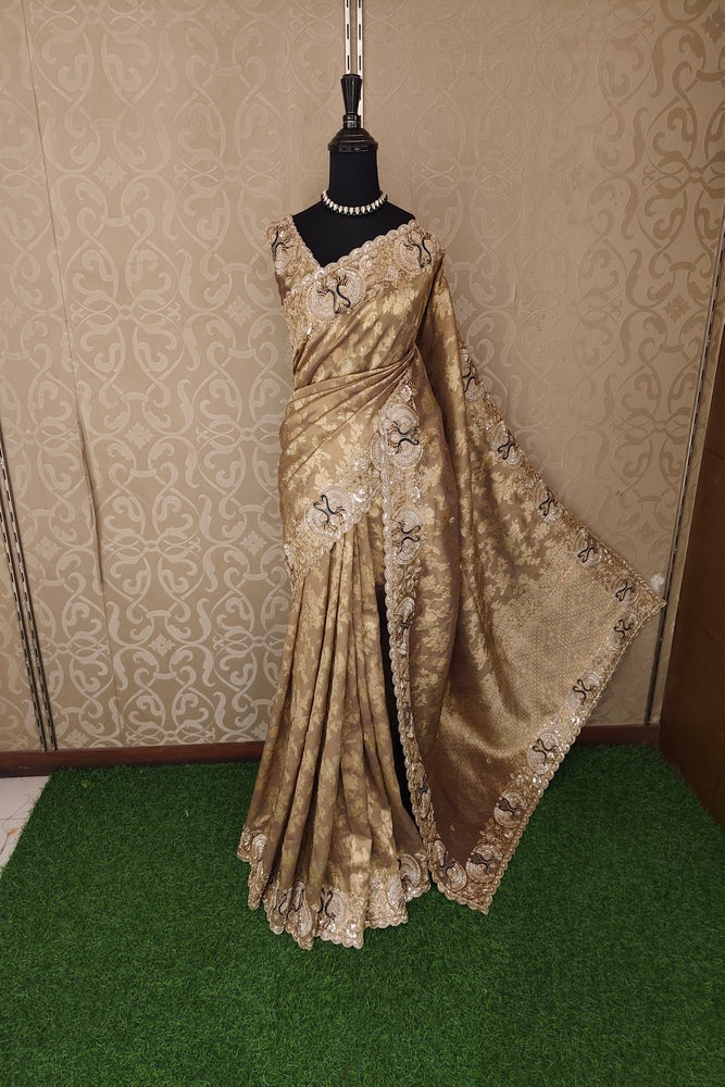 Deep Beige Tissue Kanjeevaram Silk Sarees With Embroidery Work, With Unstiched Blouse