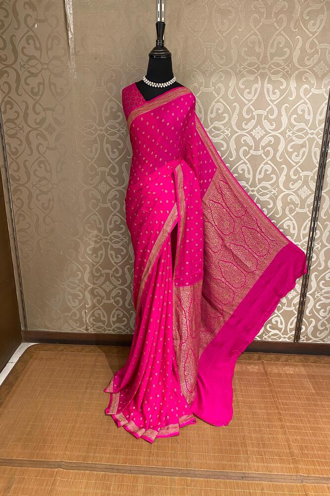 Rani Pink Crepe Khaddi Banarasi Silk Saree With Unstiched Blouse