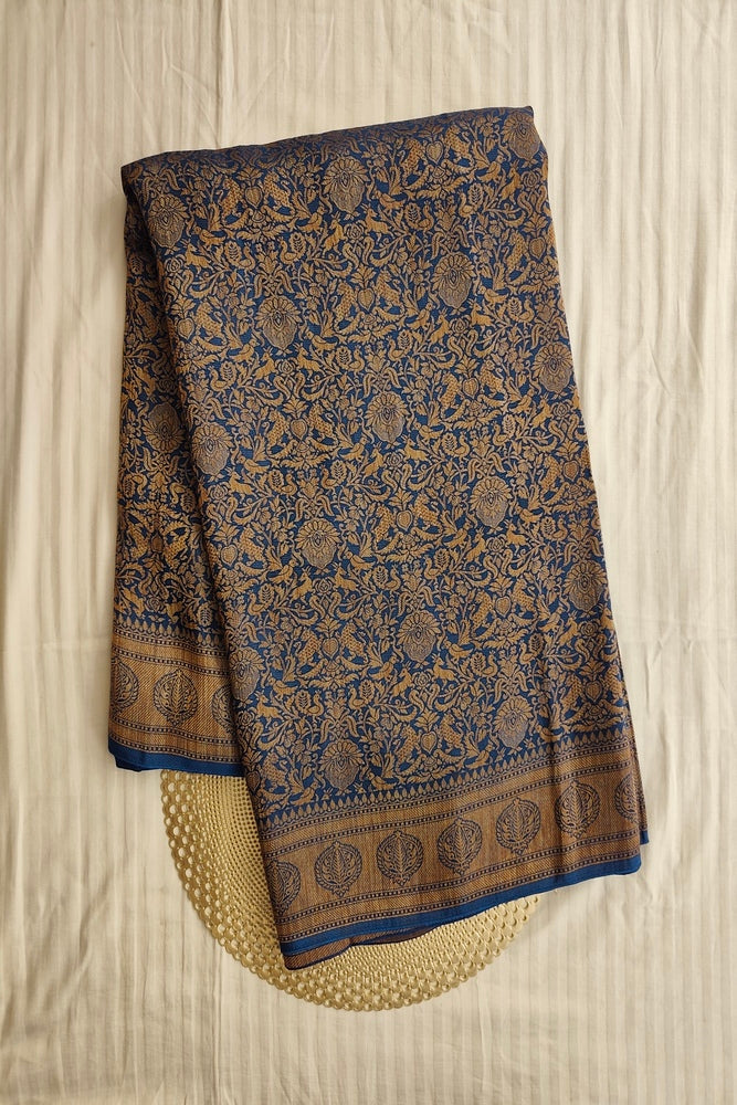 Navy Blue Semi Brocade Silk Saree, With Unstiched Blouse