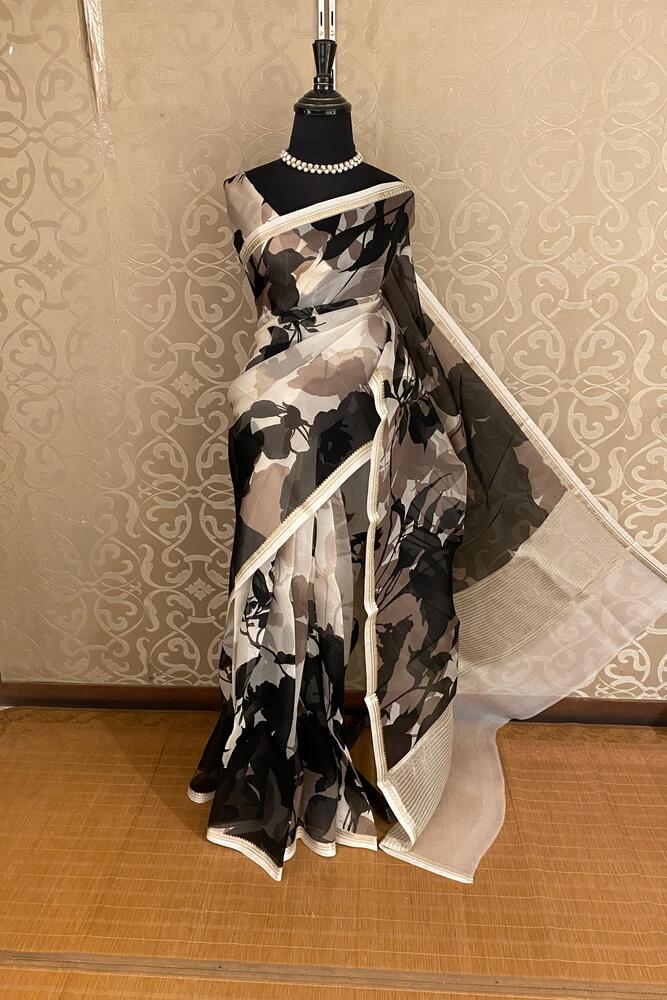 Off-White & Black Floral Printed Organza Saree, With Unstiched Blouse