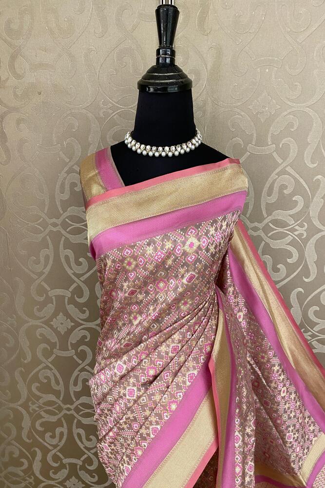 Purple Banarasi Patola Silk Saree, With Unstiched Blouse
