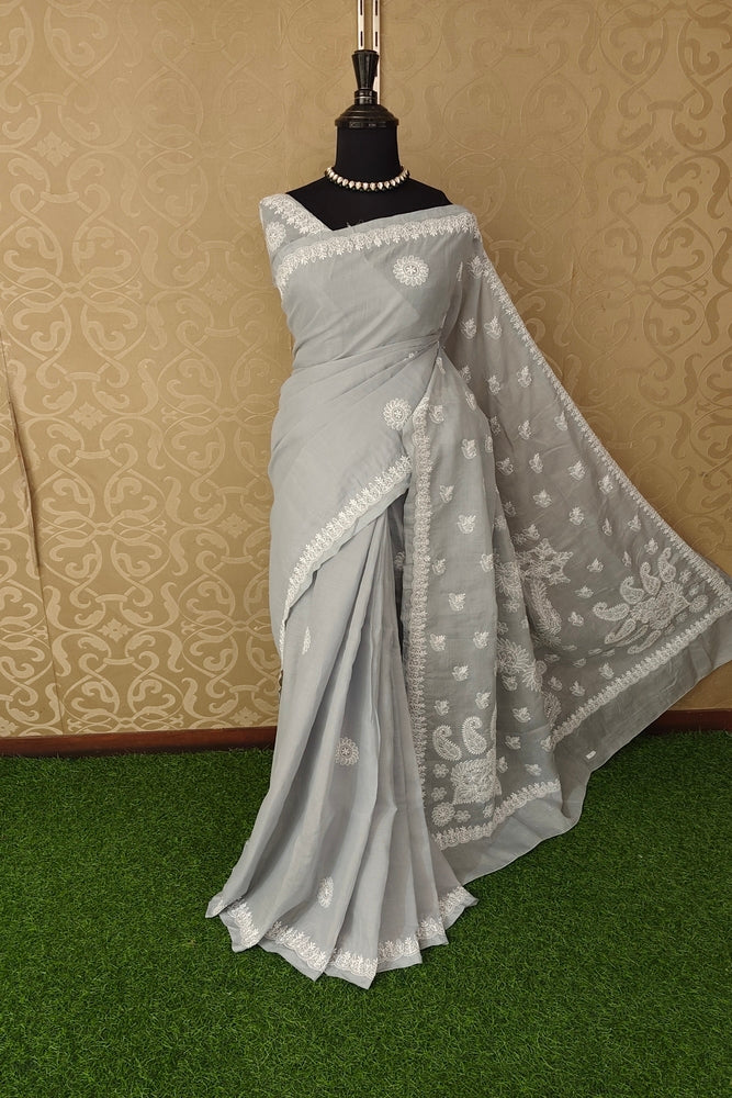 Grey Cotton Saree With Chikankari Embroidery, Unstitched Blouse
