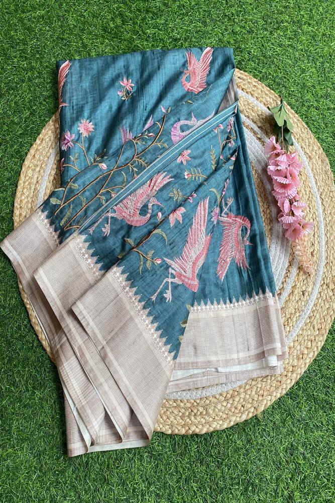 Royal Blue Tussar Cotton Resham Work Saree, With Unstiched Blouse