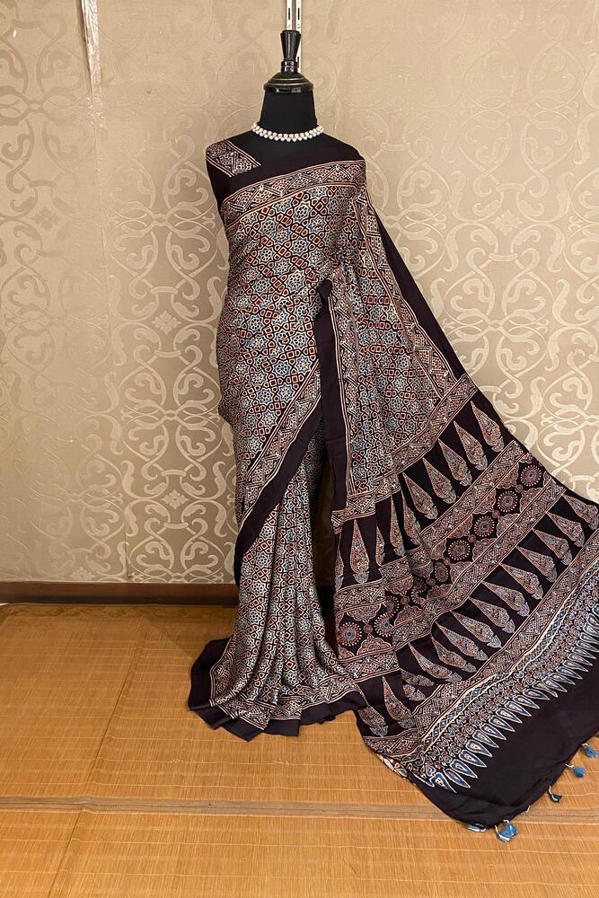 Black Pure Modal Silk Ajrakh Printed Saree With Unstiched Blouse