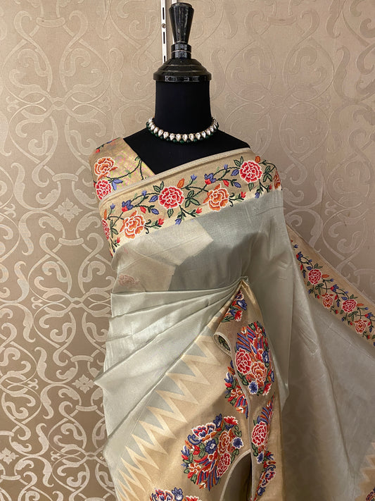 Grey Tissue Embroidery Saree, With Unstiched Blouse