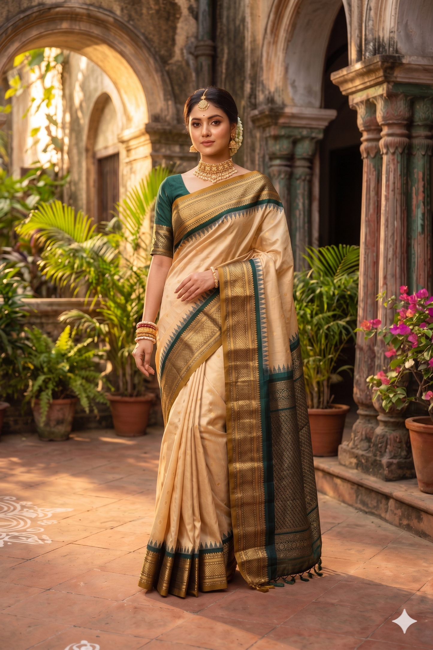 Beige Gadwal silk saree with intricate border and unstiched blouse, traditional wear by Saarang Sarees.
