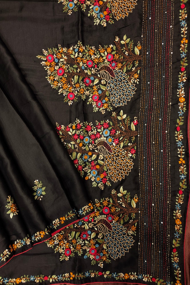 Black Semi Munga Silk French Knot Hand Embroidery Work Saree, With Unstiched Blouse