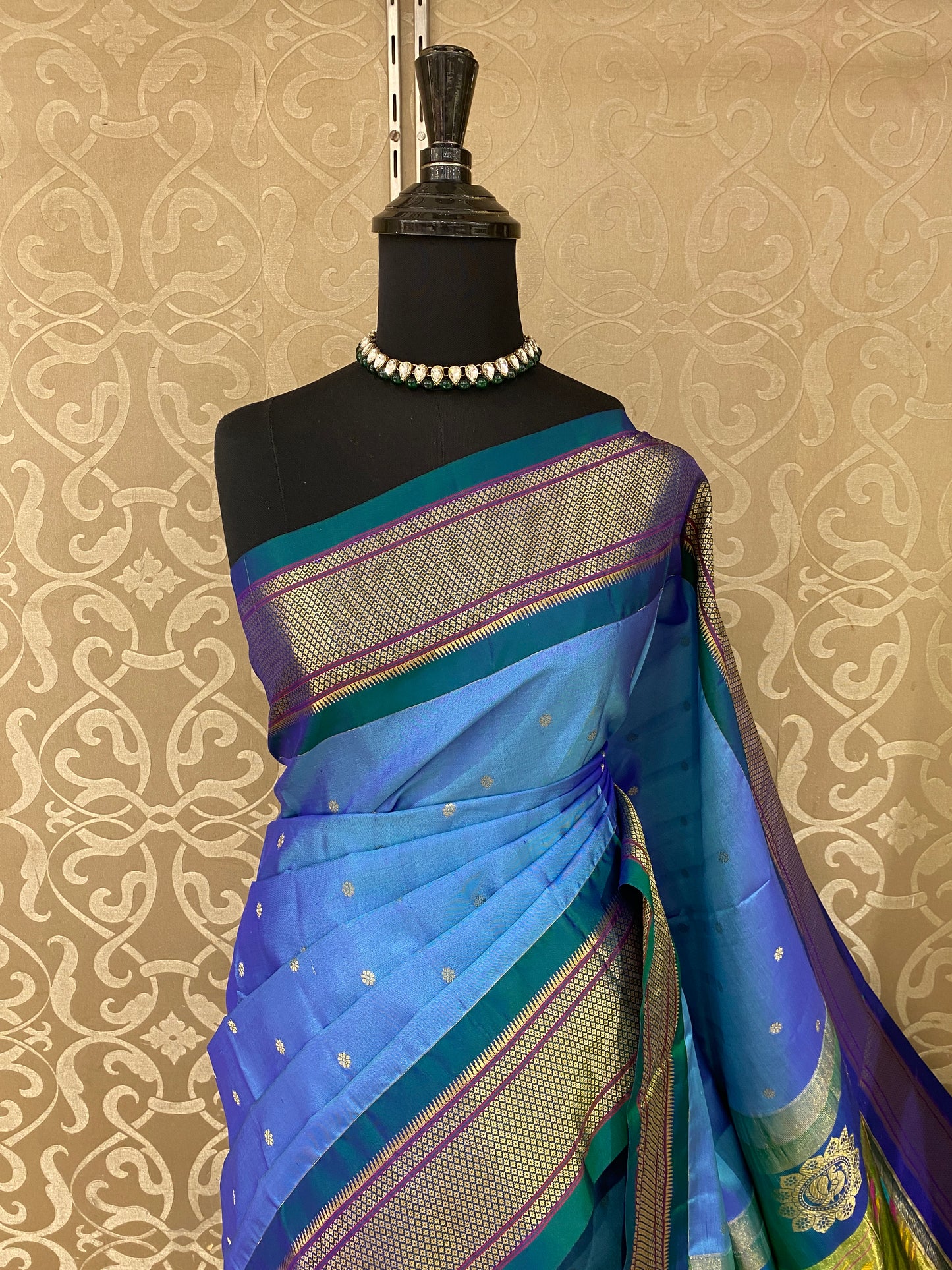 Blue & Green Paithani Silk Saree, Multi Colour Weaving, With Unstiched Blouse