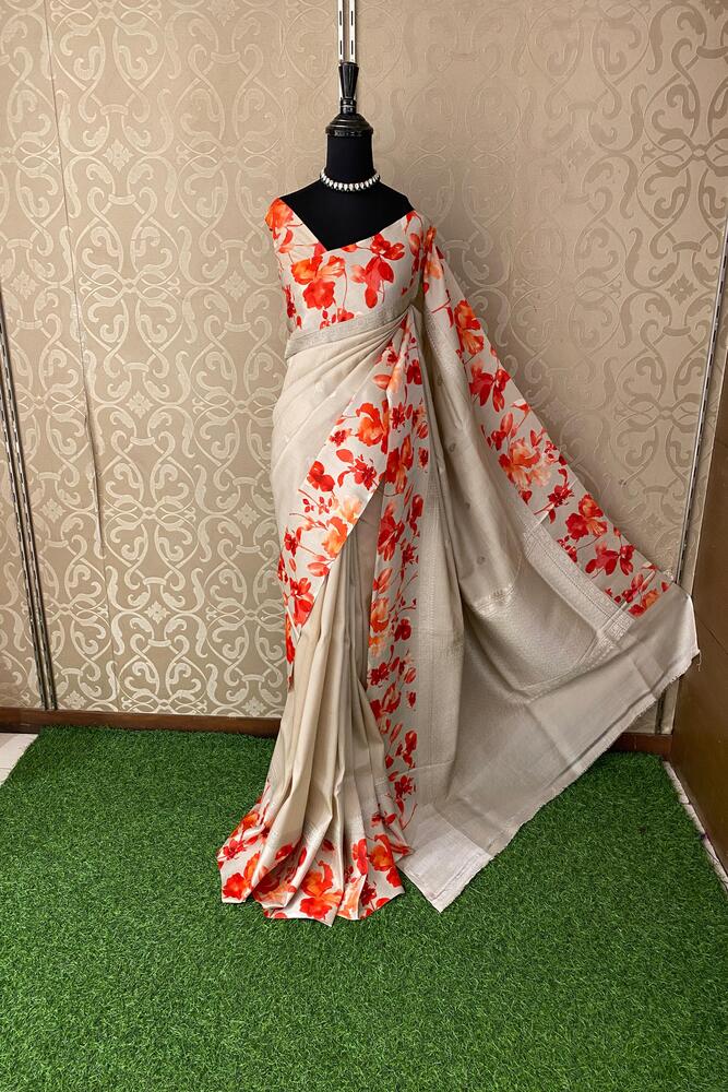 Beige Tussar Banarasi saree with digital mashru border, traditional wear from Saarang Sarees, showcasing intricate woven design.