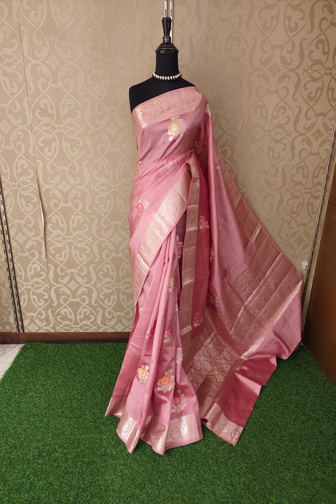 Pink Chiniya Silk Saree Hand Woven Butas, With Unstiched Blouse