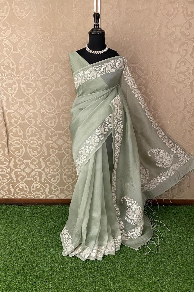 Pista Green Organza Silk Resham Embroidery Saree, With Unstiched Blouse