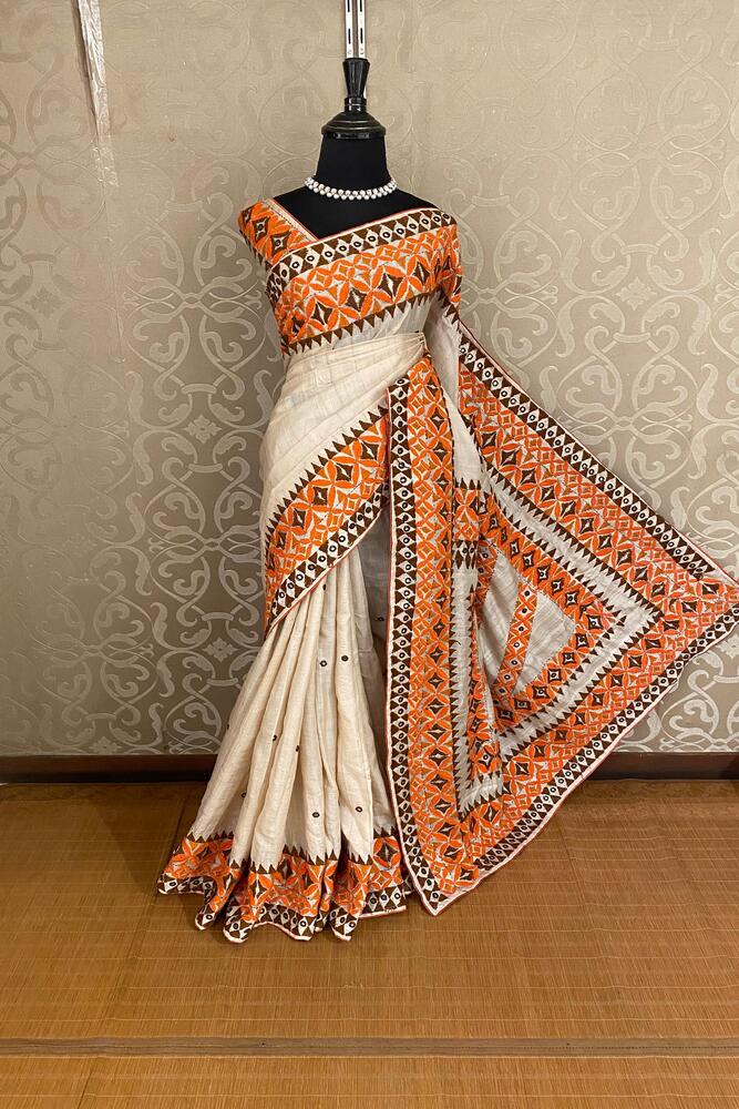 Off-White Tussar Embroidery Saree With Kathiawari Work Border, With Unstitched Blouse