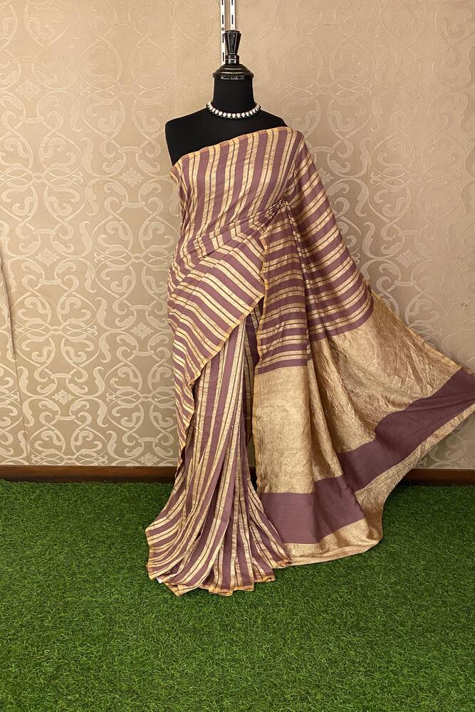 Gold & Brown Zari Stripe Munga Borderless Saree, With Unstiched Blouse
