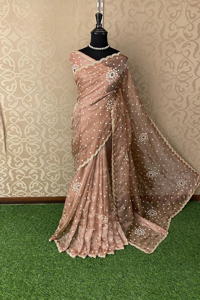 Mauve Tissue Embroidery Saree, With Unstiched Blouse