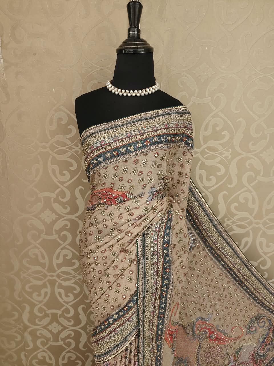 Off-White Crepe Printed Stone Work Saree, With Readymade Blouse