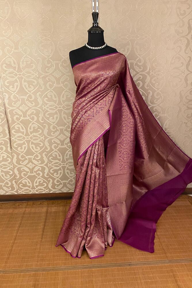 Deep Purple Brocade Kora Banarasi Silk Saree, With Unstiched Blouse