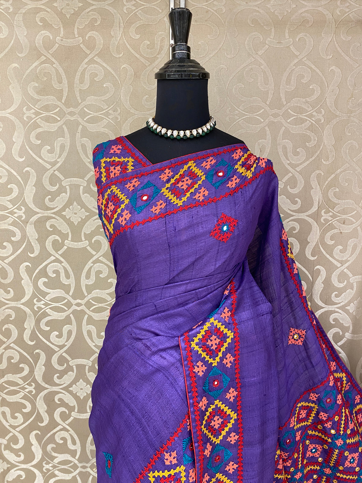 Purple Tussar Hand Embroidery Saree, With Unstitched Blouse