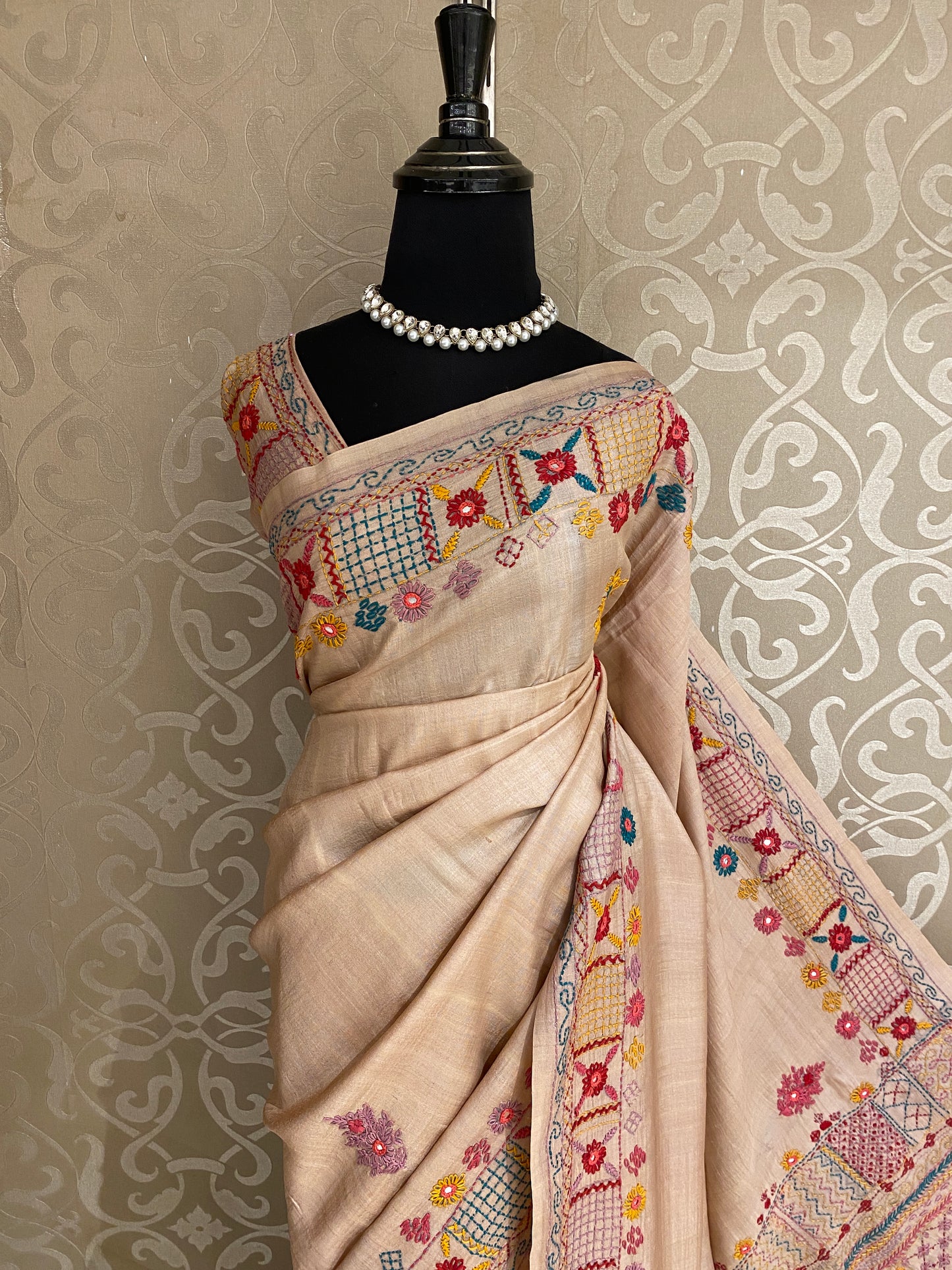 Off-White Tussar Embroidery Saree With Lambani Work Border, With Unstitched Blouse