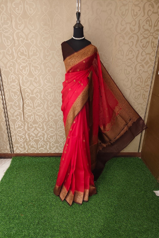 Red Kora Banarasi Silk Saree, With Unstiched Blouse