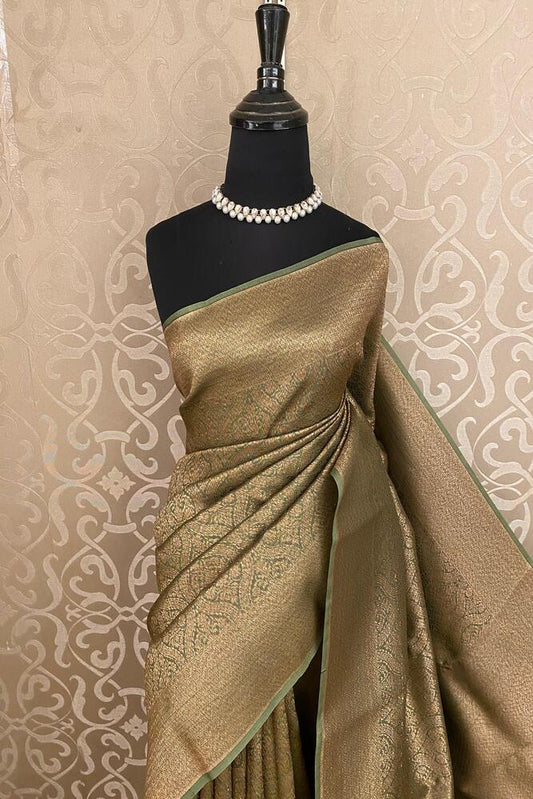 Green Brocade Kora Banarasi Silk Saree, With Unstiched Blouse