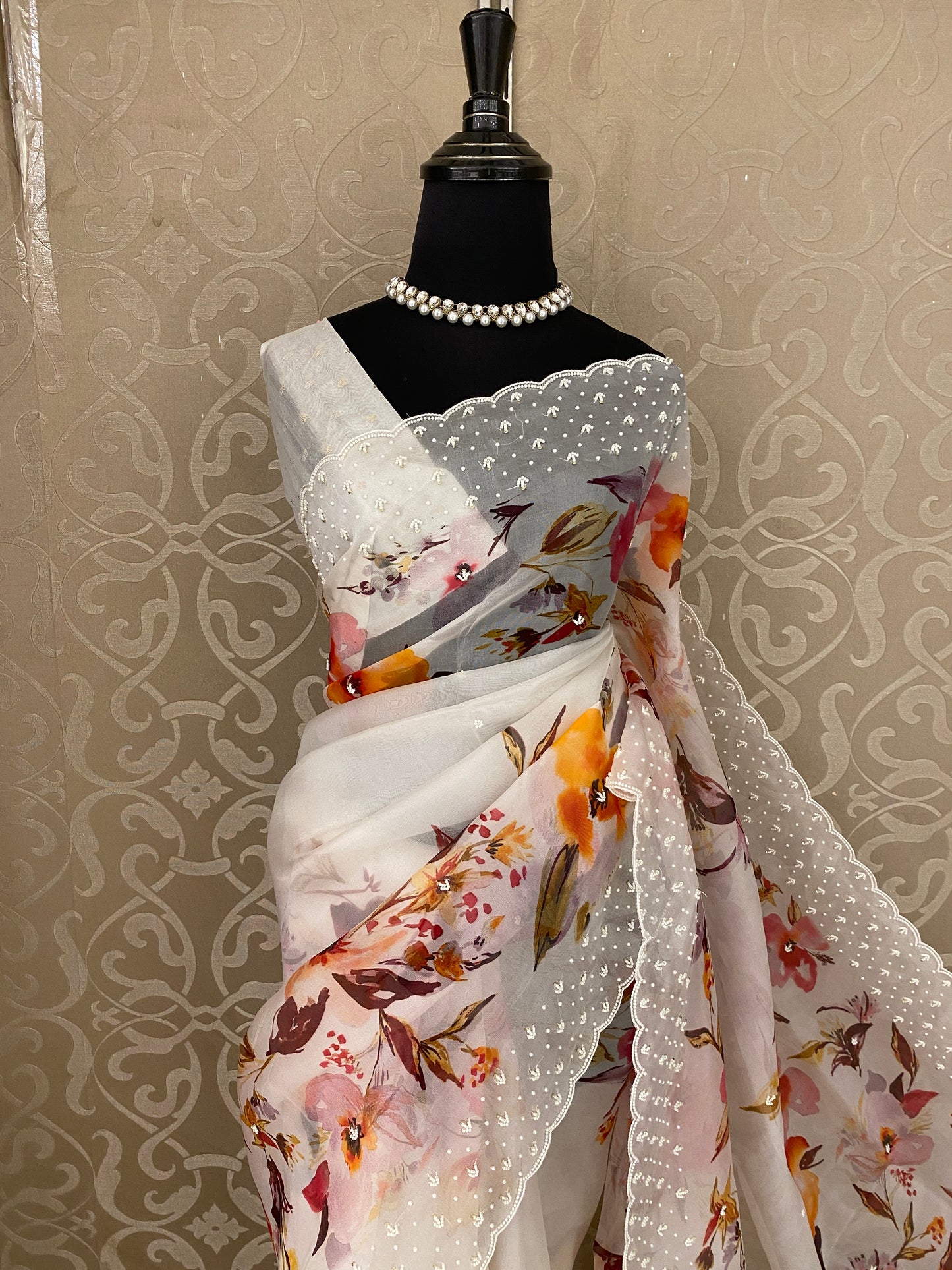 Off-White Organza Saree With Perl Work, With Unstitched Blouse
