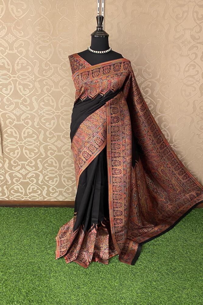 Black Pure Kani Handloom Silk Saree With Unstiched Jamewar Woven Blouse