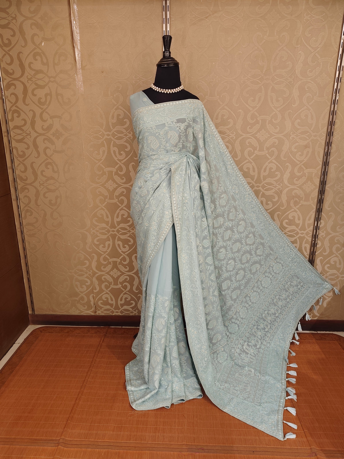Sky Georgette Chikankari Embroidery Saree, With Unstitched Blouse