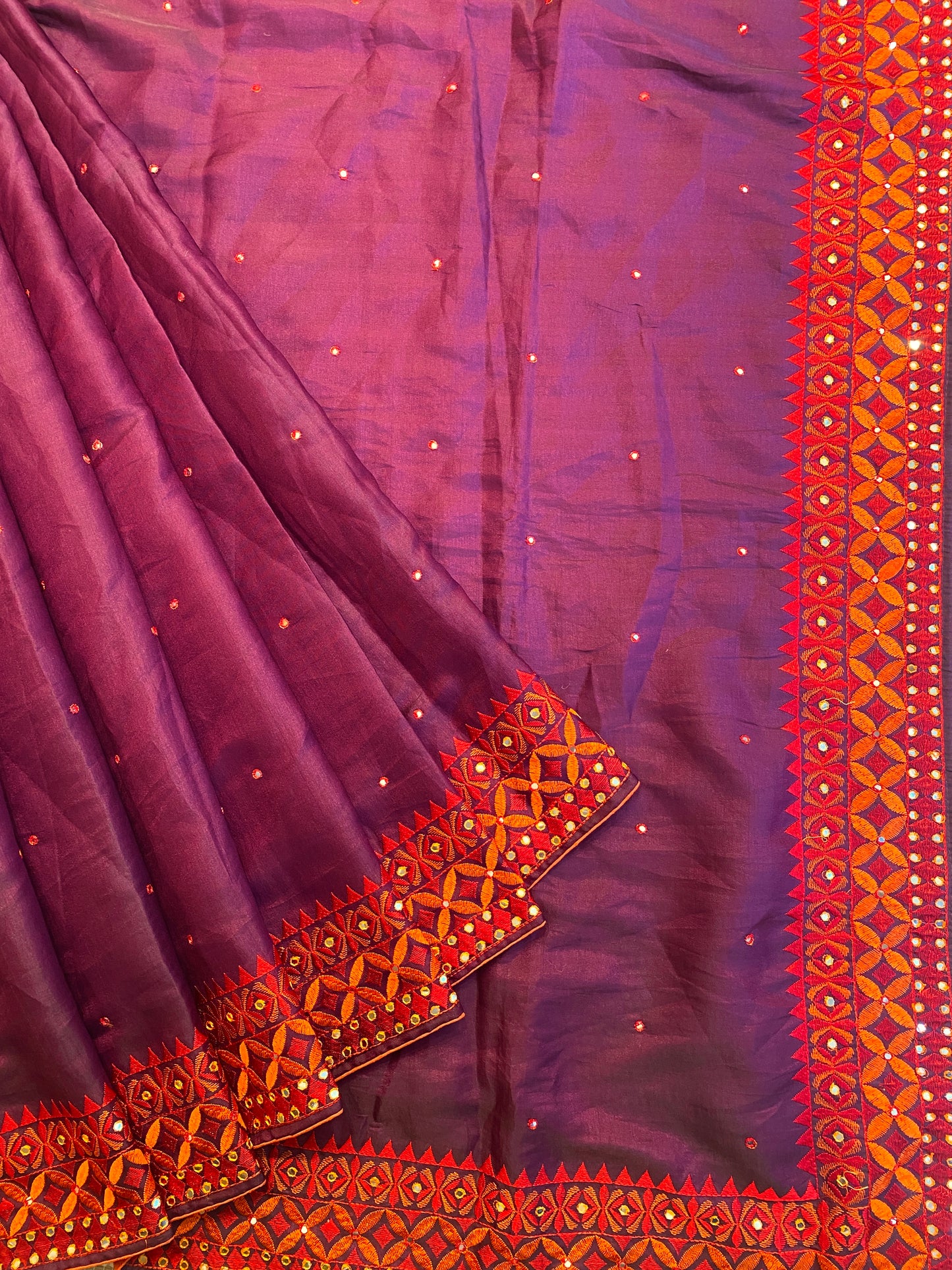 Purple Semi Munga Silk Cross Stitch Embroidery Work Saree, With Unstiched Blouse