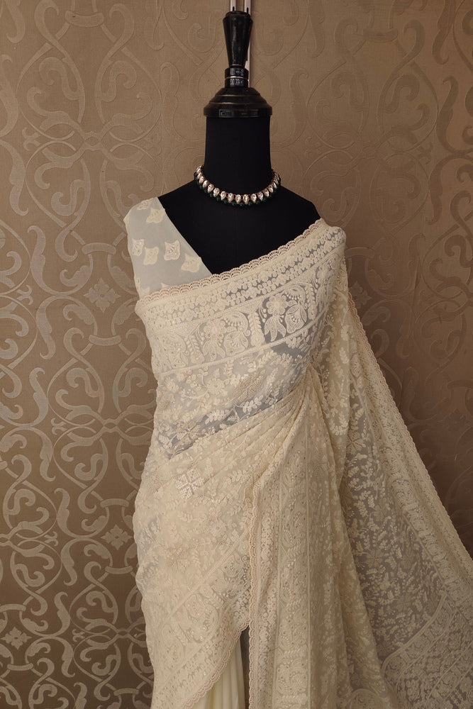 Off-White Georgette Saree With Chikankari Embroidery, Unstitched Blouse