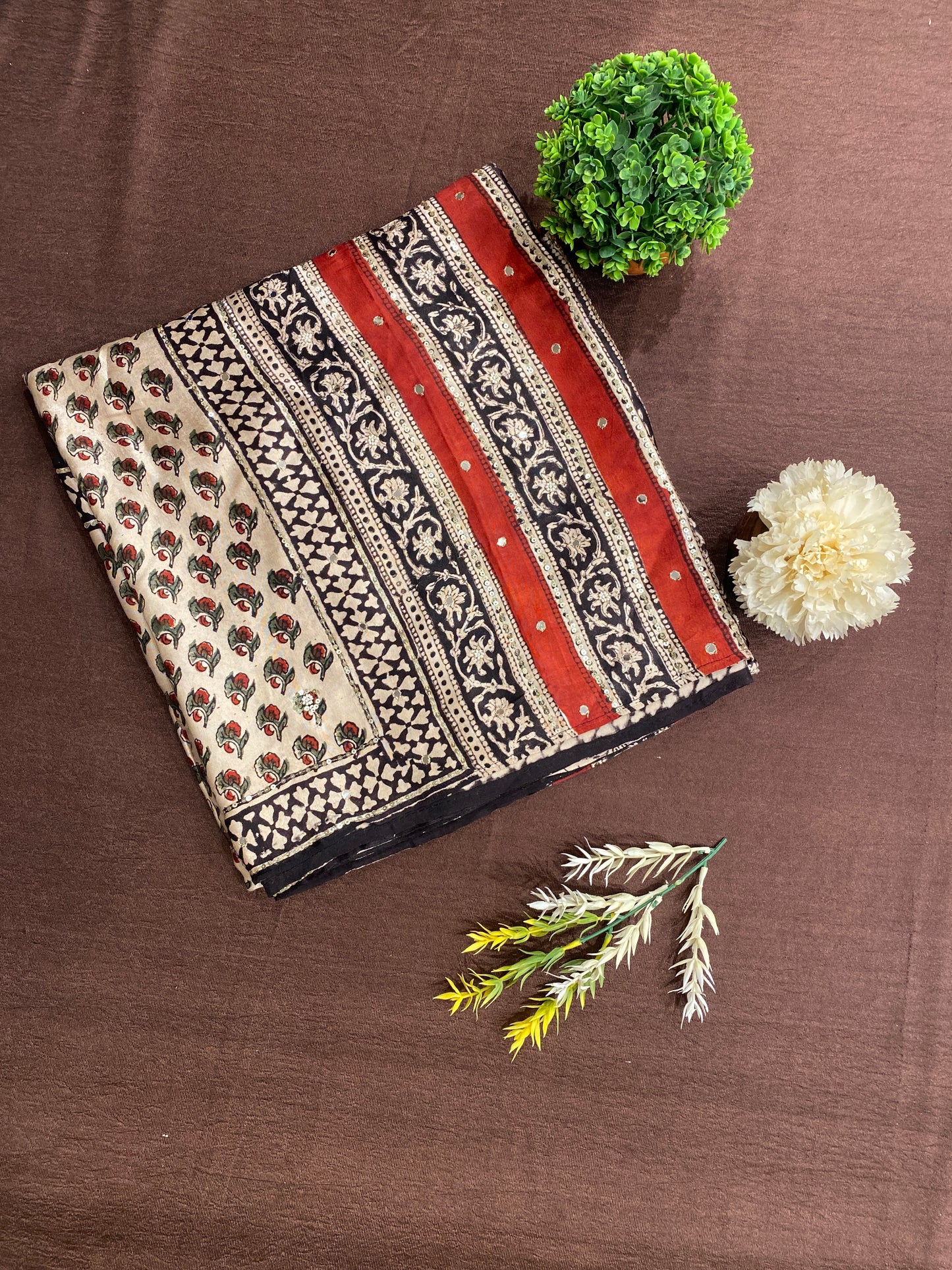 Off-White Pure Modal Silk Ajrakh Printed Saree With Unstiched Blouse