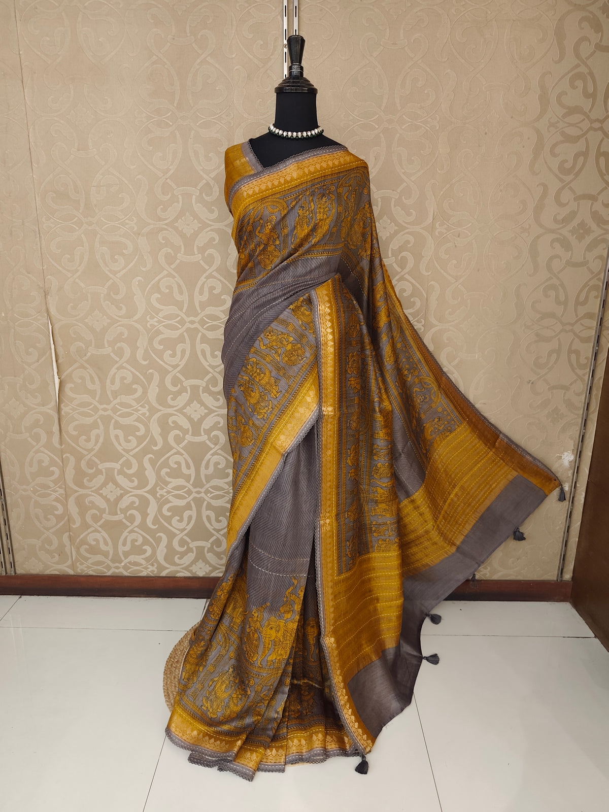 Deep Grey Munga Silk Printed Saree With Kantha Work, With Unstich Blouse