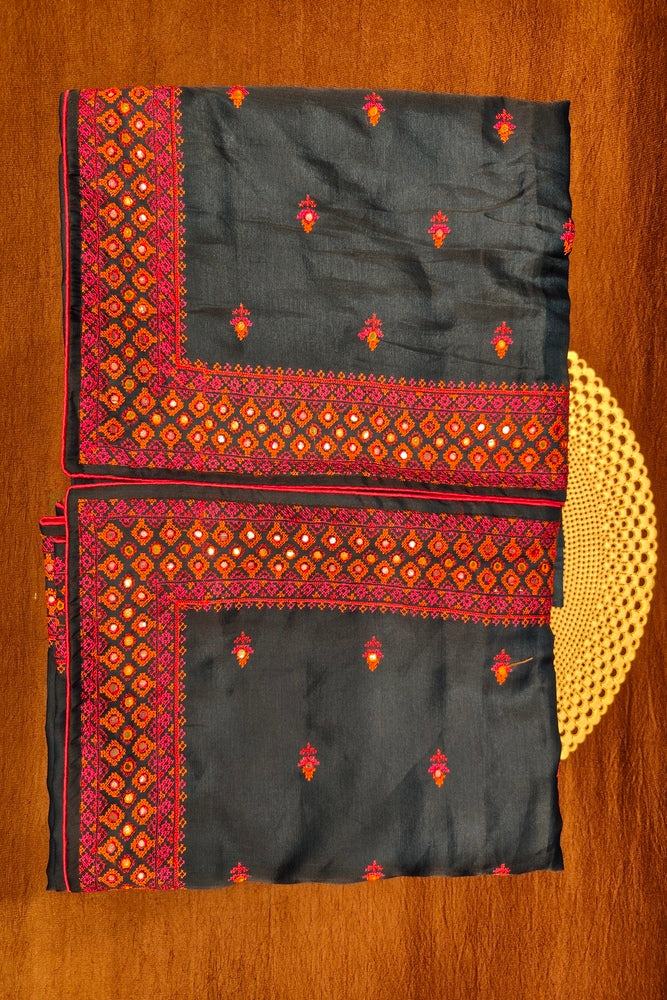 Deep Blue Semi Munga Silk Cross Stitch Work Saree, With Unstiched Blouse